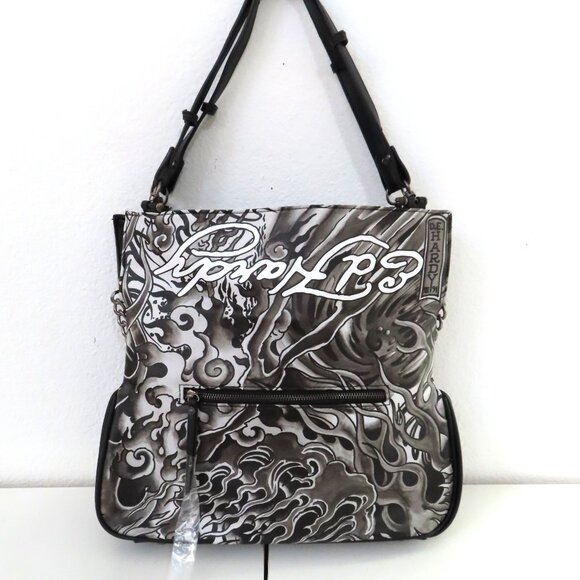 Ed Hardy Black Red Graphic Large Satchel Tote logo skull stud eagle - Picture 9 of 9